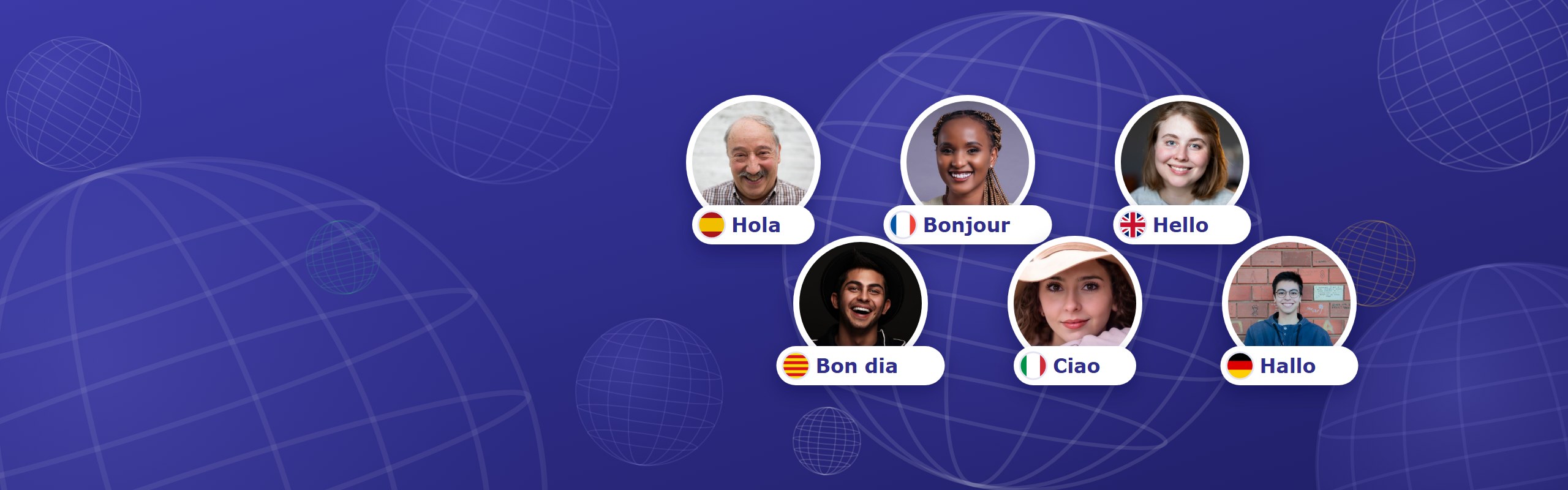Personas sonrientes de distintos países saludando en su idioma